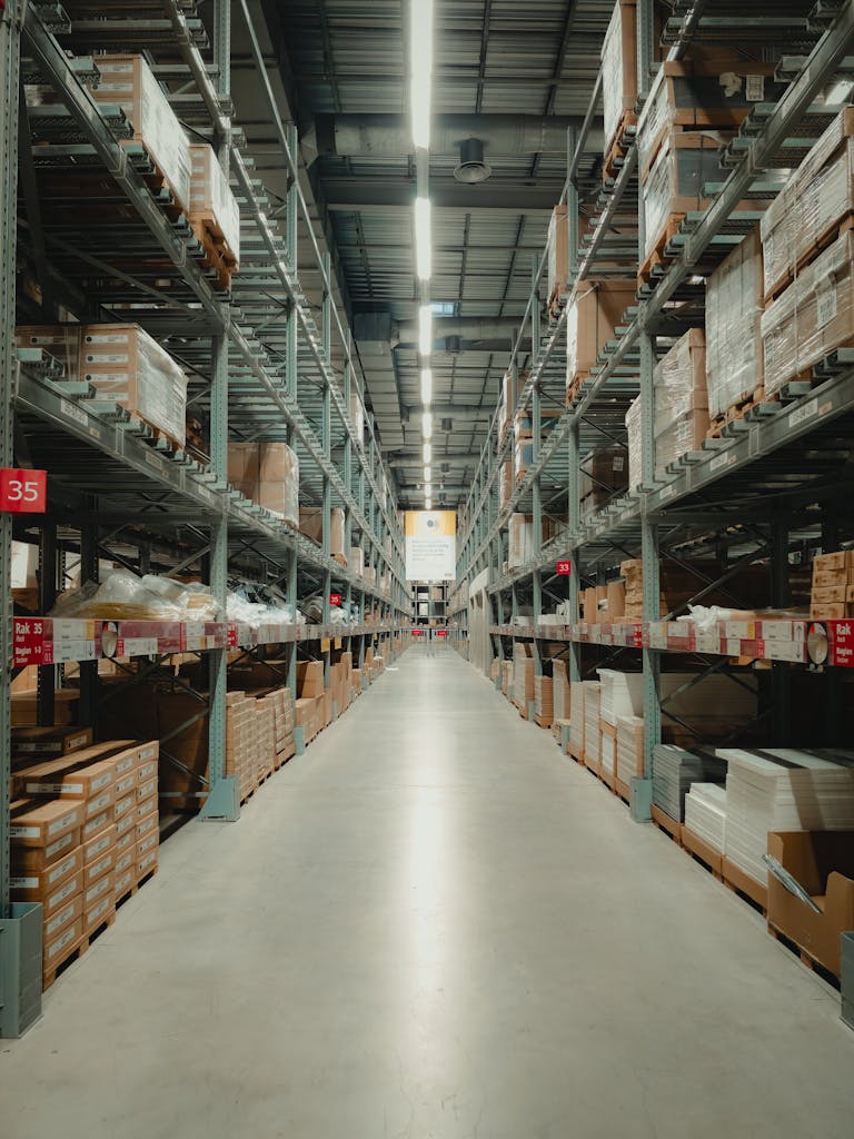 Spacious warehouse aisle with shelves filled with neatly stacked products and pallets.